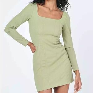 NWT Princess Polly Janie Mini Dress Sage Green Long Sleeve Square Neck Size 8